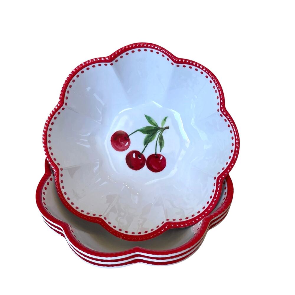 4pc Soho Loft CHERRY Melamine Salad Bowls 8in Indoor Outdoor Summer NEW